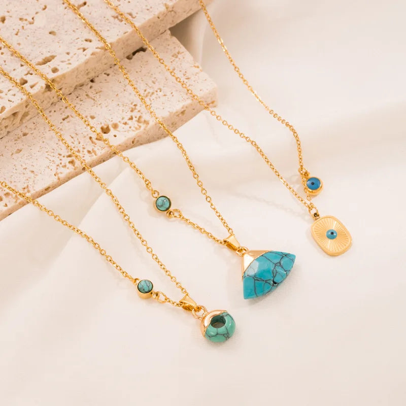 Vintage Style Turquoise Pendant Necklace, Stainless Steel Gold Jewelry
