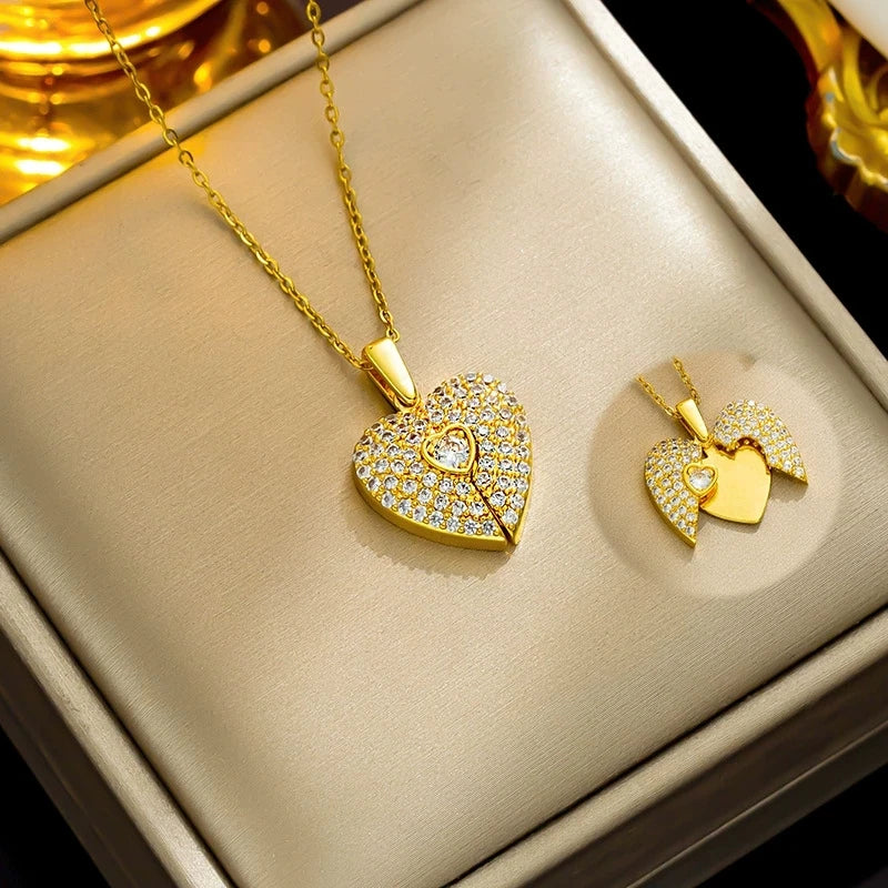 Zircon Heart & Angel Wings Pendant Necklace, Stainless Steel Polished Heart-shaped Jewelry