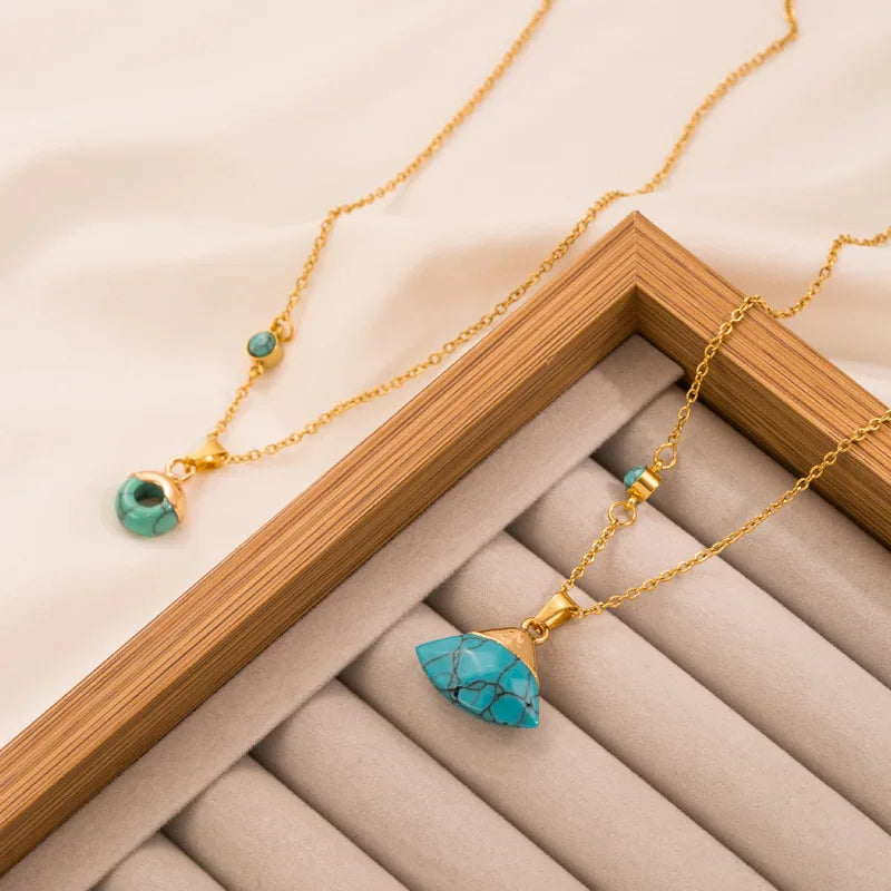 Vintage Style Turquoise Pendant Necklace, Stainless Steel Gold Jewelry