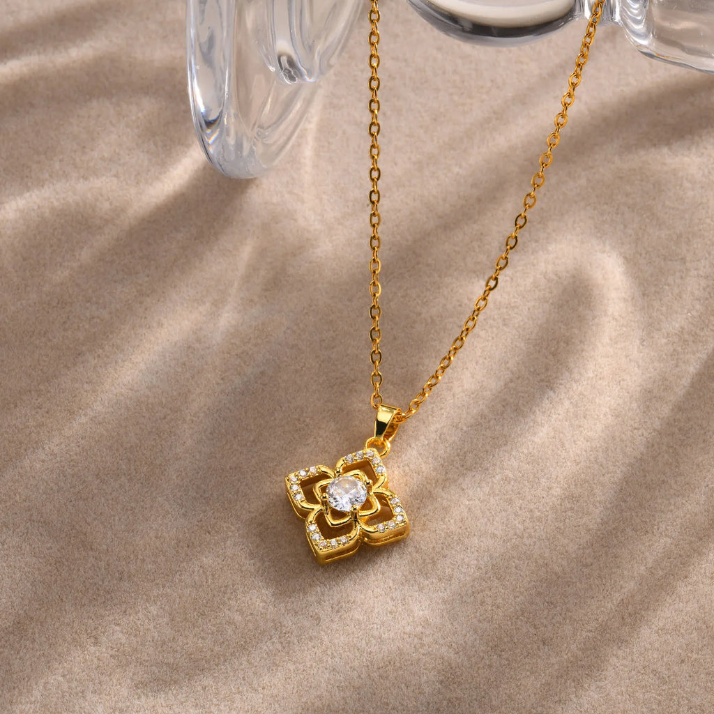 Classic Shiny Hollow Zircon Flower Pendant Necklace, Brass Gold Plated Fashion Jewelry