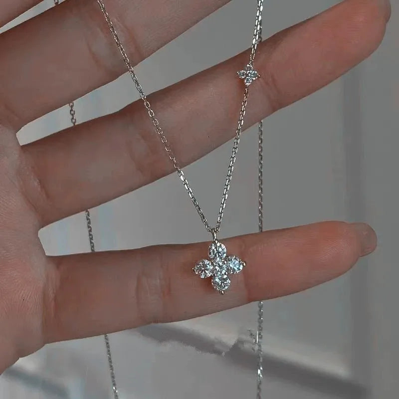 S925 Sterling Silver 4 Leaf Clover Zircon Pendant Necklace for Women, 18K Gold Plated Waterproof