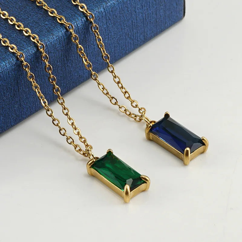 18K Gold Plated Stainless Steel Square Zircon Pendant Necklace for Europe and United States