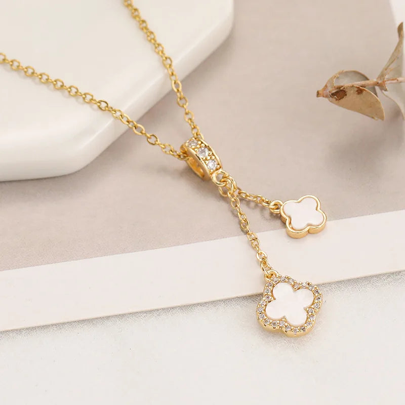 Gold Plated Clover Pendant Necklace for Women, Luxury Stainless Steel Chain with Zircon Flower Jewelry