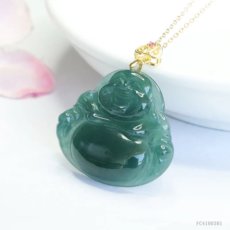925 Sterling Silver Inlaid Natural Burmese Jadeite Hand-Carved Maitreya Buddha Pendant Choker Necklace
