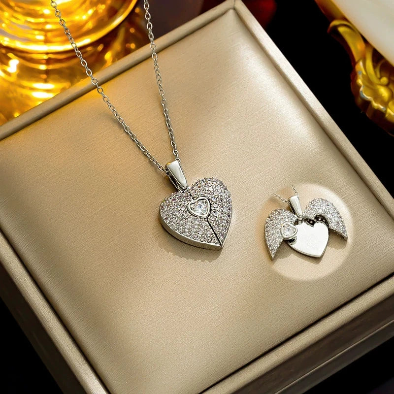 Zircon Heart & Angel Wings Pendant Necklace, Stainless Steel Polished Heart-shaped Jewelry