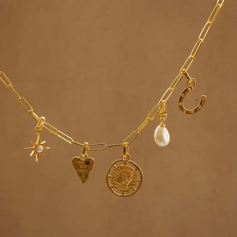 Waterproof 18K Gold Plated Stainless Steel Charm Necklace, Horseshoe Coin Heart Crystal Freshwater Pearl Green Agate Pendant