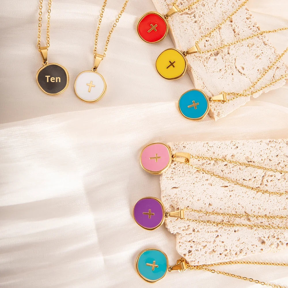Gold Plated Stainless Steel Cross Oil Drop Pendant Necklace with Figaro Chain, Letter Design Fashion Jewelry