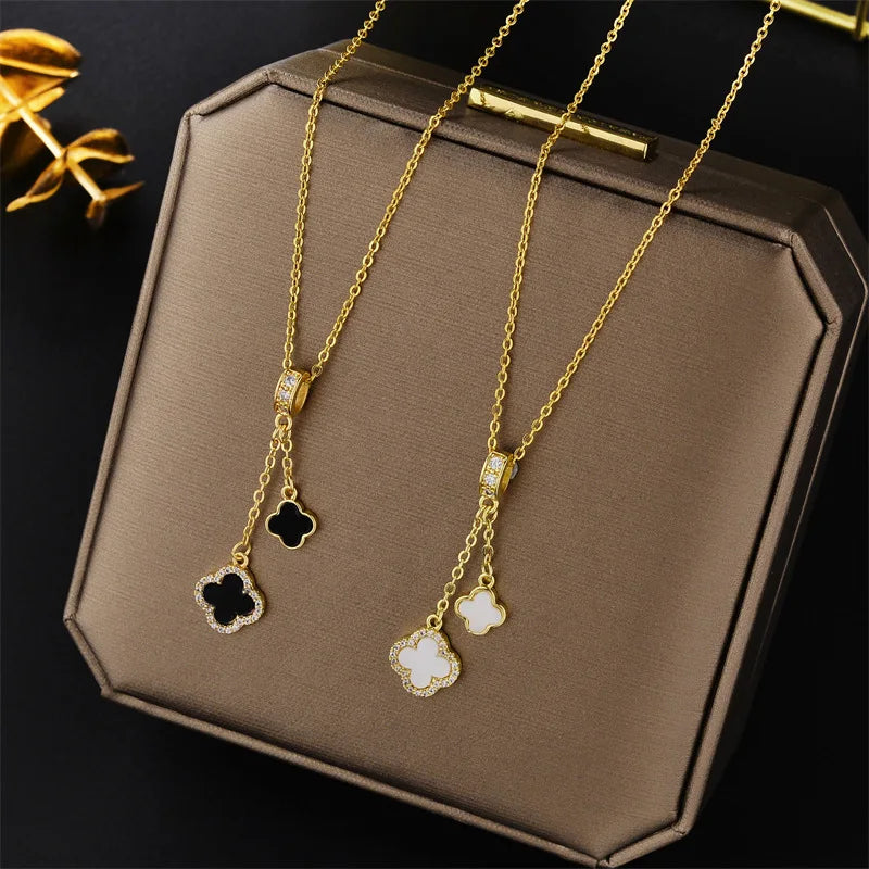 Gold Plated Clover Pendant Necklace for Women, Luxury Stainless Steel Chain with Zircon Flower Jewelry
