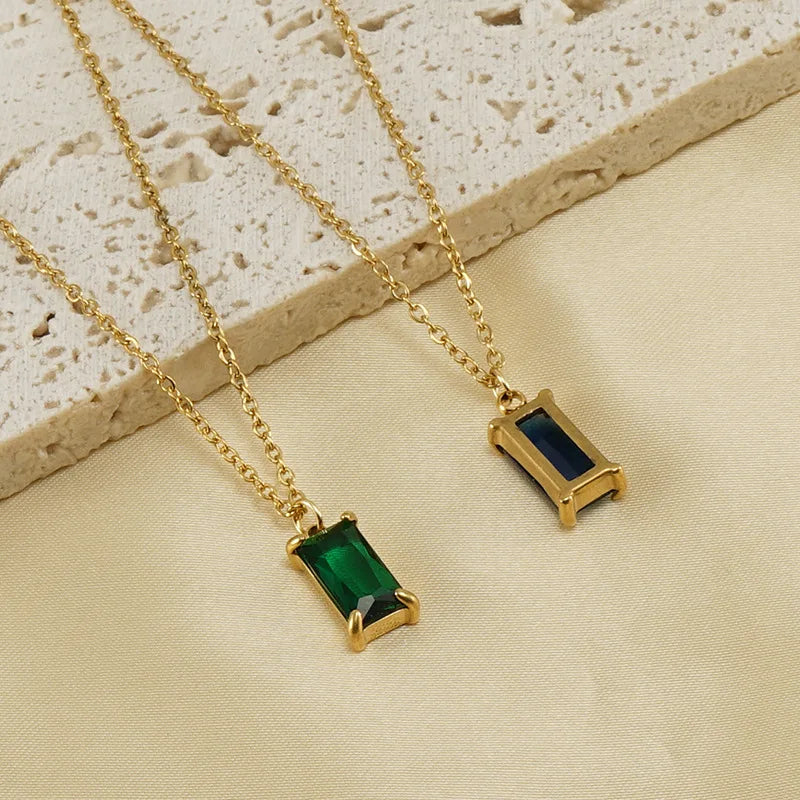 18K Gold Plated Stainless Steel Square Zircon Pendant Necklace for Europe and United States