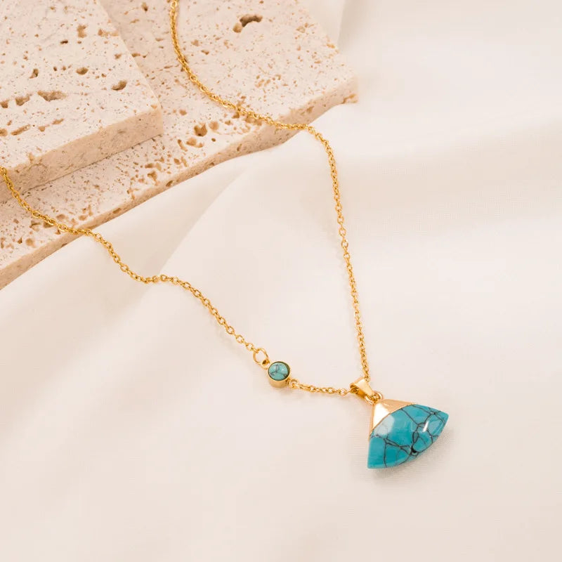 Vintage Style Turquoise Pendant Necklace, Stainless Steel Gold Jewelry