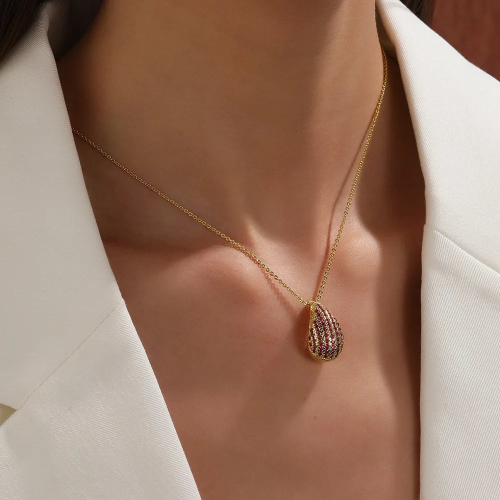 18K Gold Plated Tear Drop Pendant Necklace, Multicolor Zircon Brass Fashion Jewelry