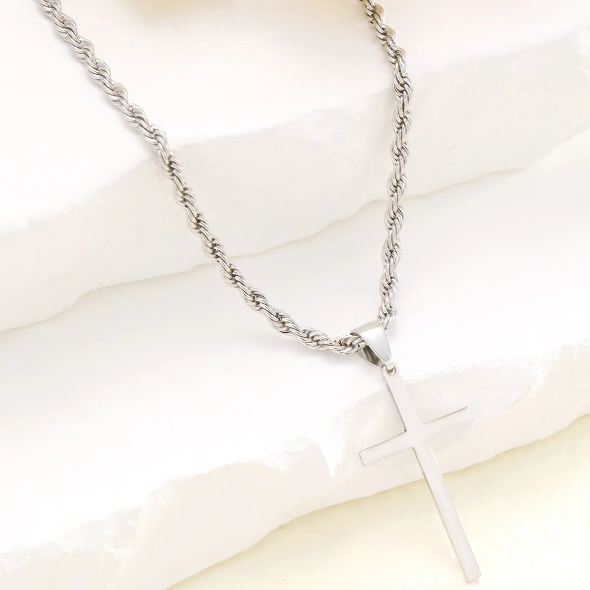 Simple Silver Tone Long Chain Cross Pendant Necklace, Rope Chain Fashion Jewelry