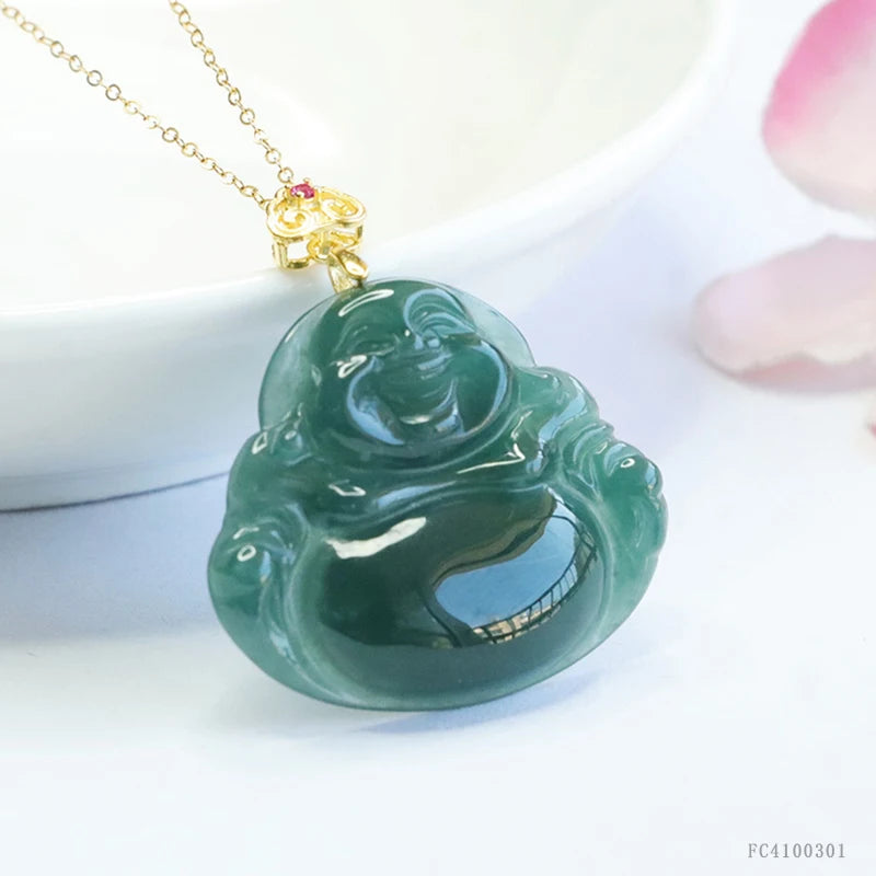925 Sterling Silver Inlaid Natural Burmese Jadeite Hand-Carved Maitreya Buddha Pendant Choker Necklace