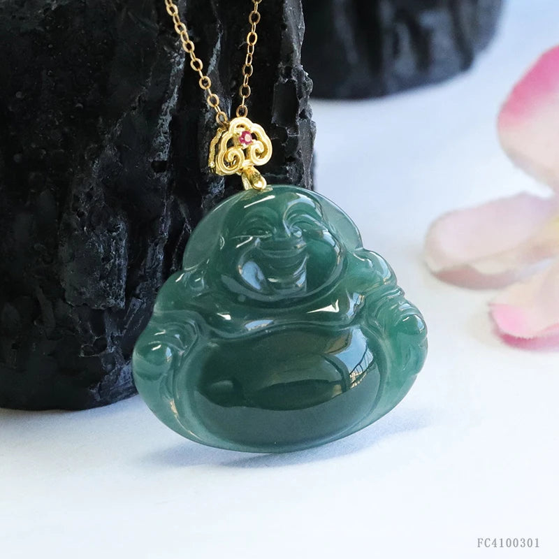 925 Sterling Silver Inlaid Natural Burmese Jadeite Hand-Carved Maitreya Buddha Pendant Choker Necklace