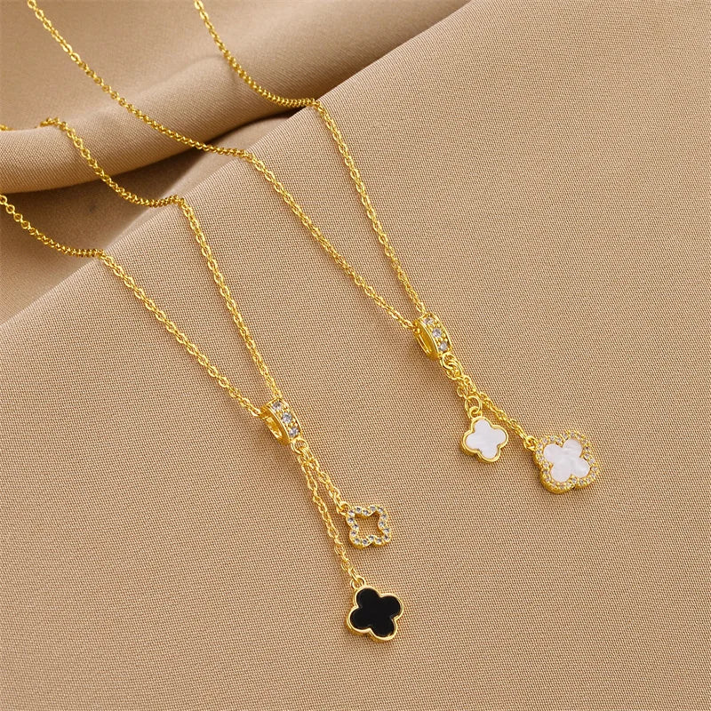 Gold Plated Clover Pendant Necklace for Women, Luxury Stainless Steel Chain with Zircon Flower Jewelry