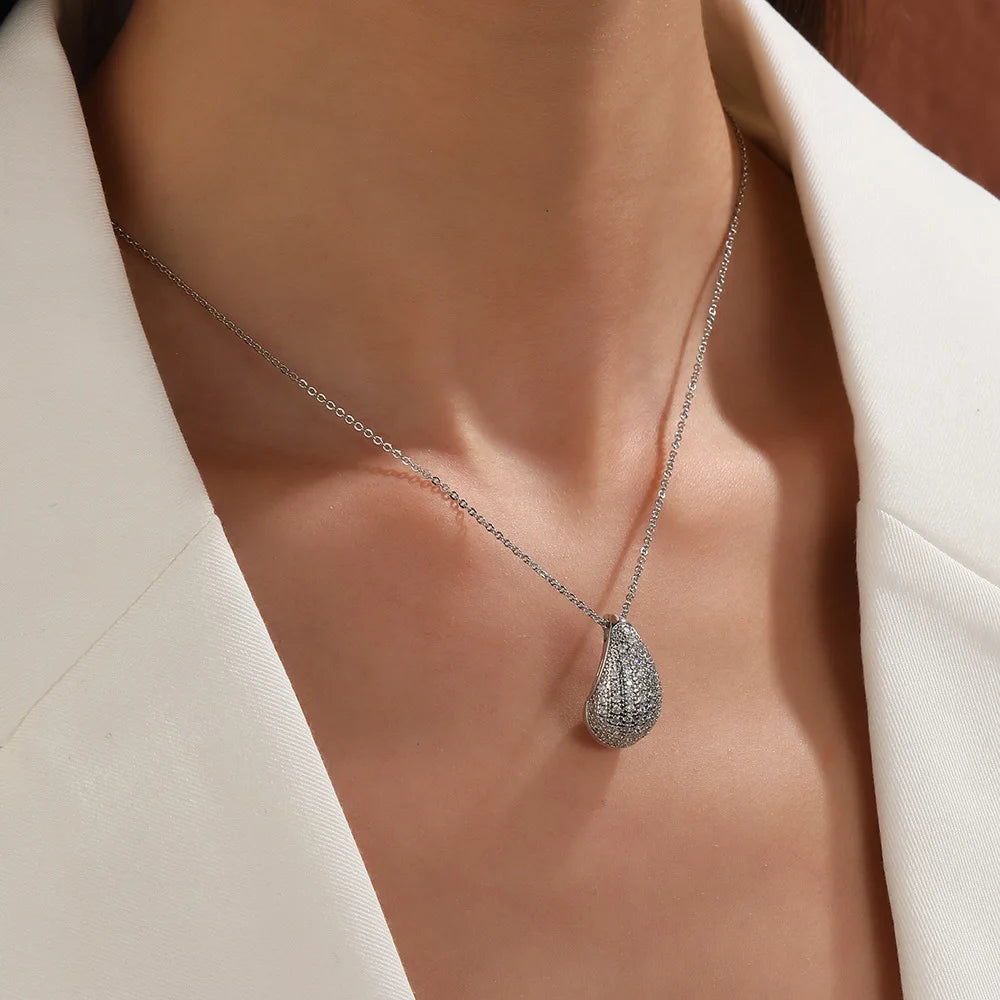 18K Gold Plated Tear Drop Pendant Necklace, Multicolor Zircon Brass Fashion Jewelry