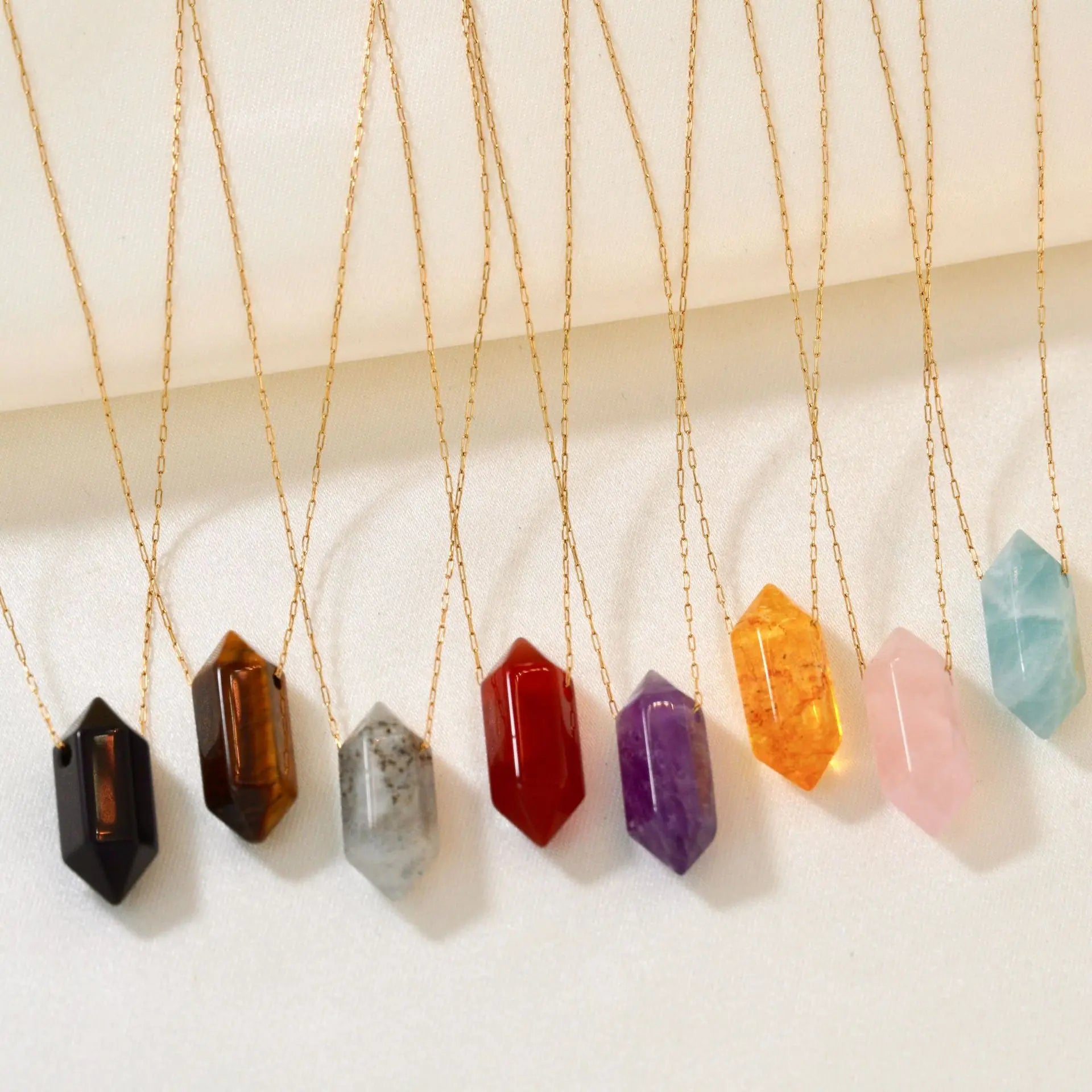 Women's Minimalist Luxury Stainless Steel Pendant Necklace Natural Stone Colored Crystal Hexagonal Prism Conical Design Link