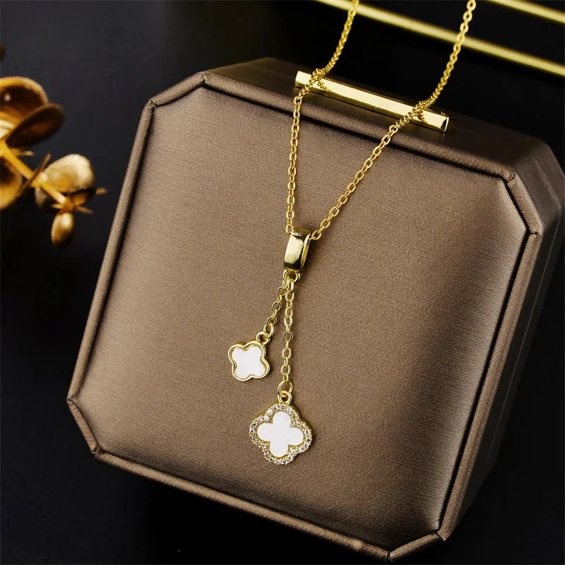 Gold Plated Clover Pendant Necklace for Women, Luxury Stainless Steel Chain with Zircon Flower Jewelry