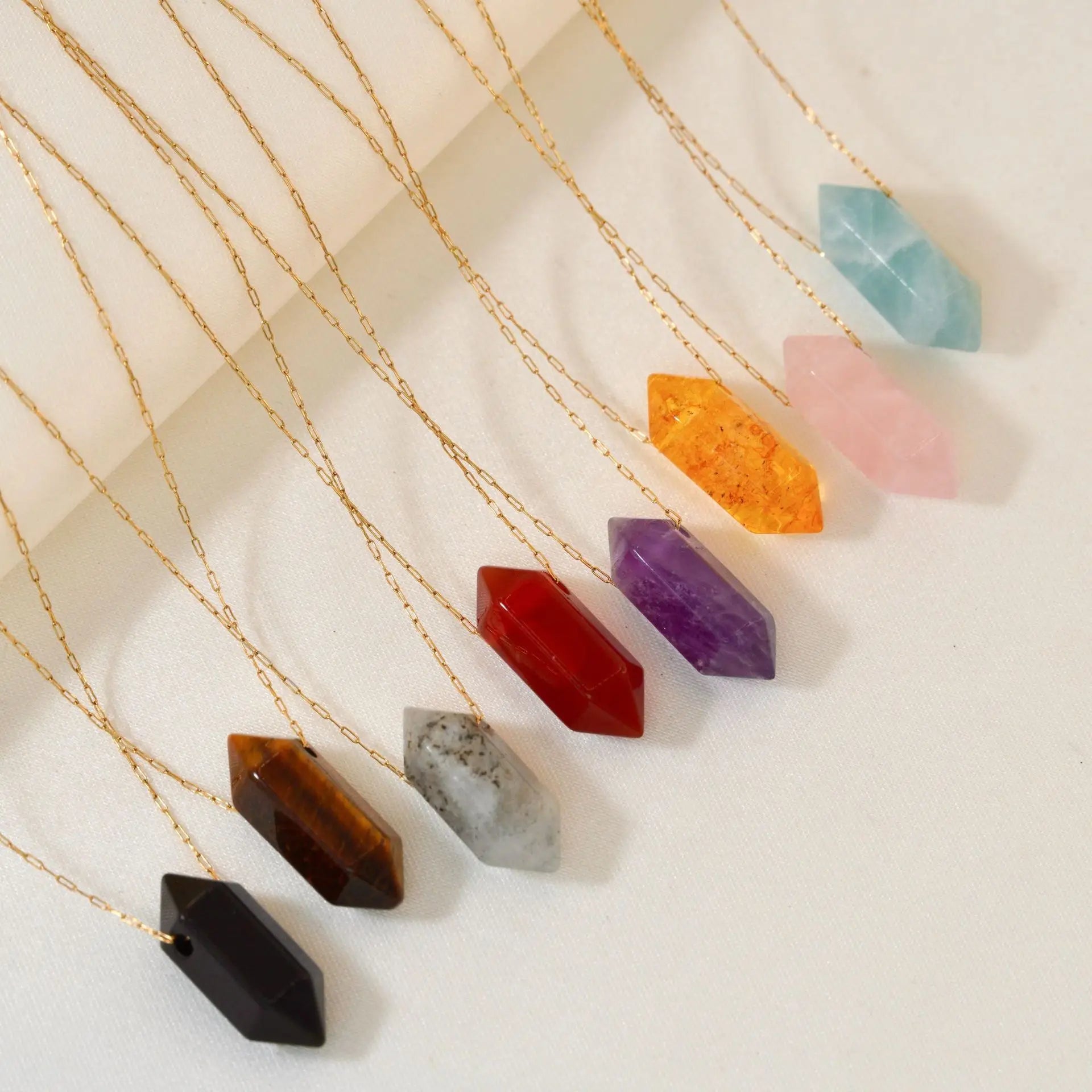Women's Minimalist Luxury Stainless Steel Pendant Necklace Natural Stone Colored Crystal Hexagonal Prism Conical Design Link