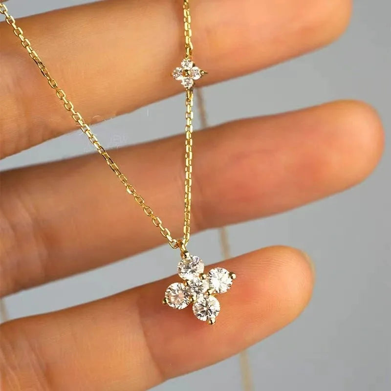 S925 Sterling Silver 4 Leaf Clover Zircon Pendant Necklace for Women, 18K Gold Plated Waterproof