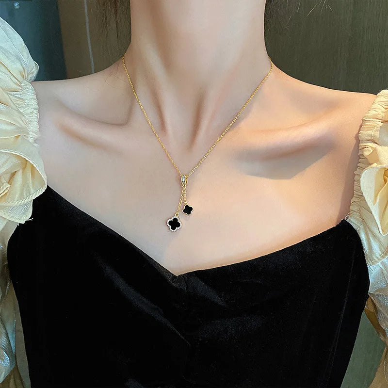 Gold Plated Clover Pendant Necklace for Women, Luxury Stainless Steel Chain with Zircon Flower Jewelry