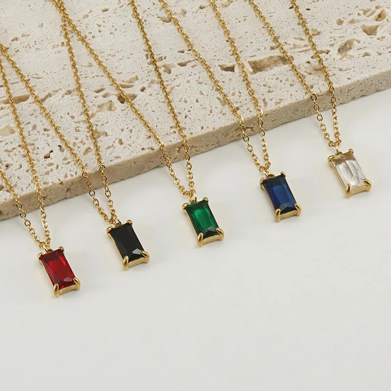 18K Gold Plated Stainless Steel Square Zircon Pendant Necklace for Europe and United States