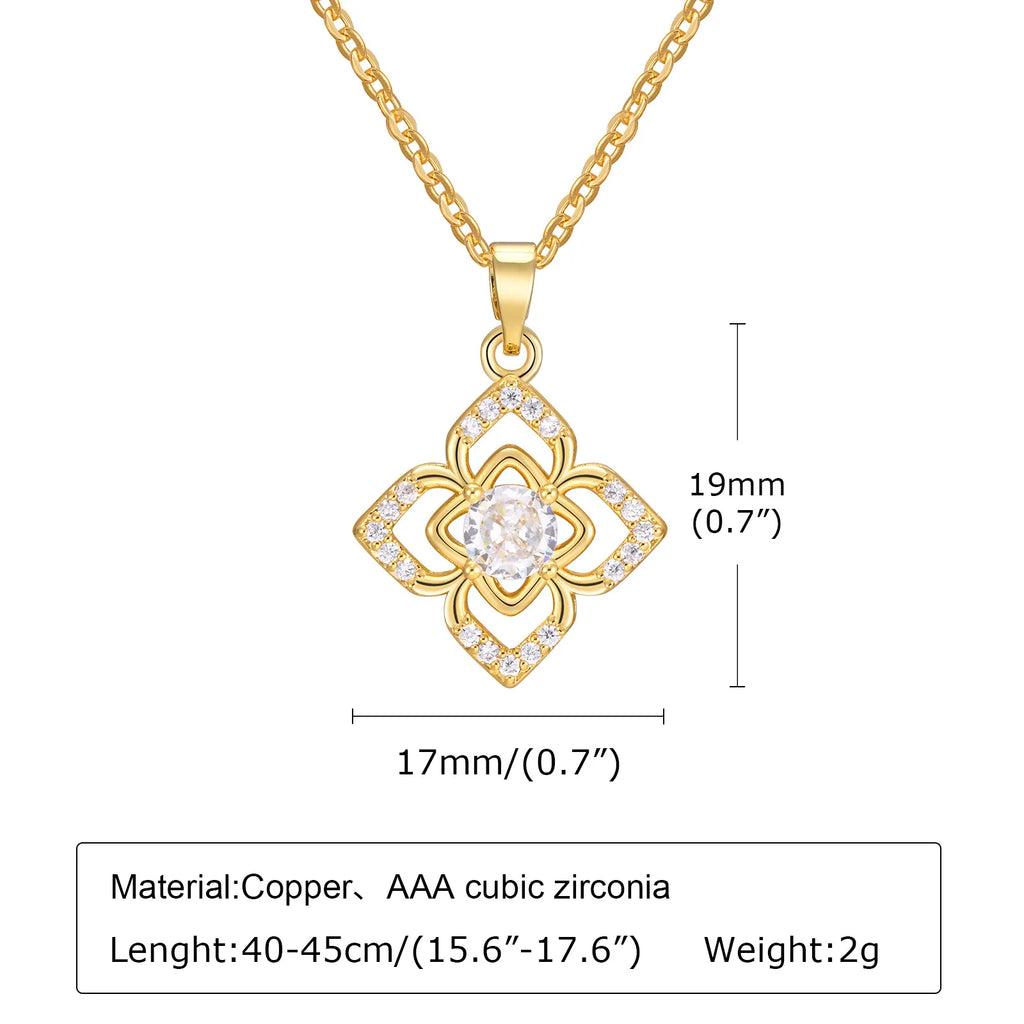 Classic Shiny Hollow Zircon Flower Pendant Necklace, Brass Gold Plated Fashion Jewelry
