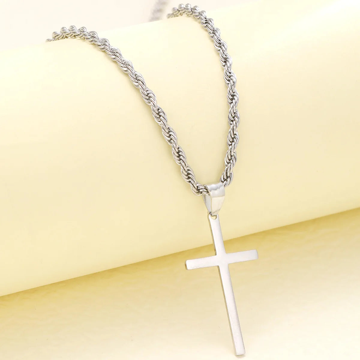 Simple Silver Tone Long Chain Cross Pendant Necklace, Rope Chain Fashion Jewelry