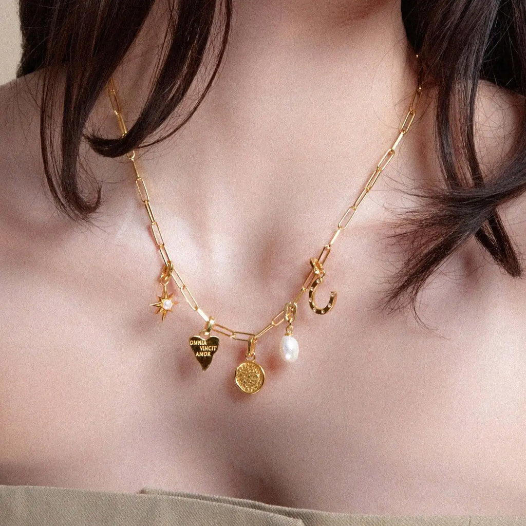 Waterproof 18K Gold Plated Stainless Steel Charm Necklace, Horseshoe Coin Heart Crystal Freshwater Pearl Green Agate Pendant
