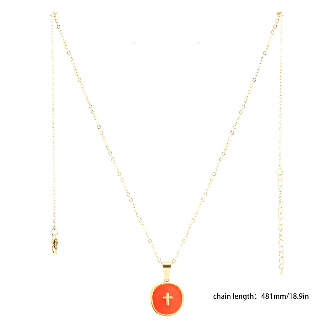 Gold Plated Stainless Steel Cross Oil Drop Pendant Necklace with Figaro Chain, Letter Design Fashion Jewelry