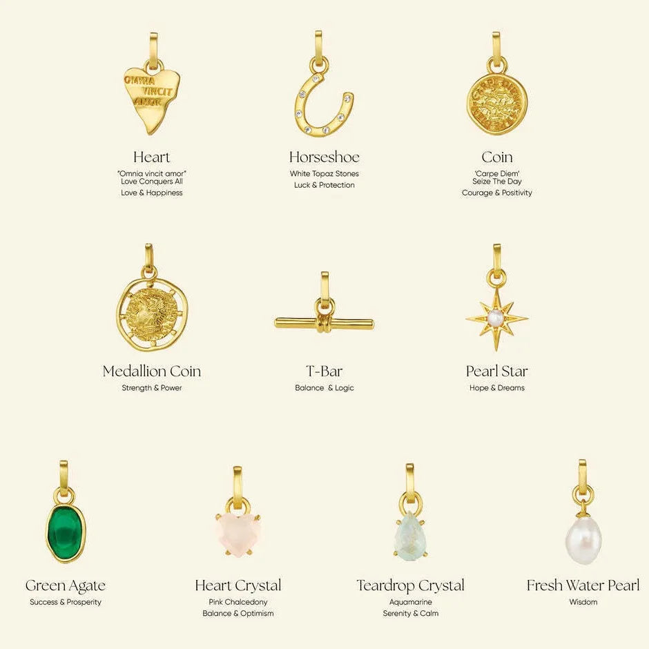 New Waterproof 18k Gold Plated Stainless Steel Horseshoe Coin Heart Crystal Fresh Water Pearl Green Agate Charm Necklace Pendant