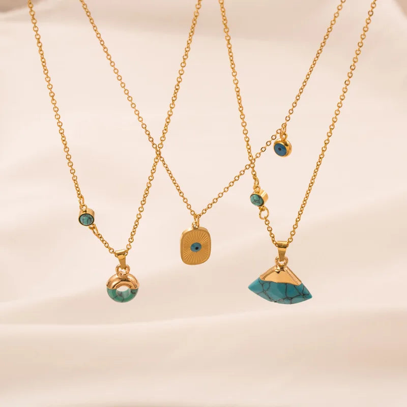 Vintage Style Turquoise Pendant Necklace, Stainless Steel Gold Jewelry