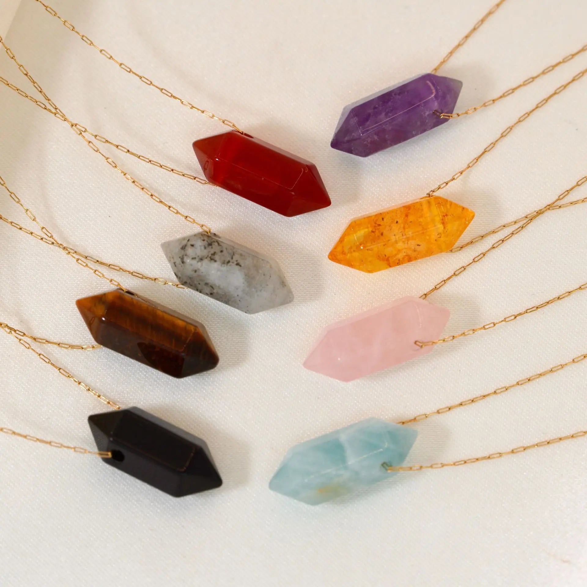 Women's Minimalist Luxury Stainless Steel Pendant Necklace Natural Stone Colored Crystal Hexagonal Prism Conical Design Link