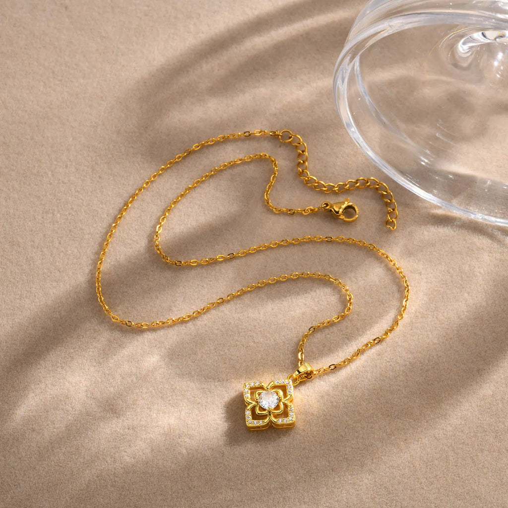 Classic Shiny Hollow Zircon Flower Pendant Necklace, Brass Gold Plated Fashion Jewelry