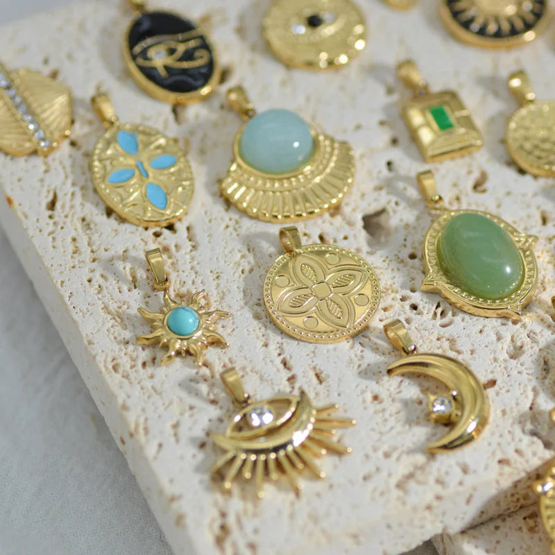 Stainless Steel Natural Stone & Oil Drop Pendants, DIY Jewelry Making Accessories