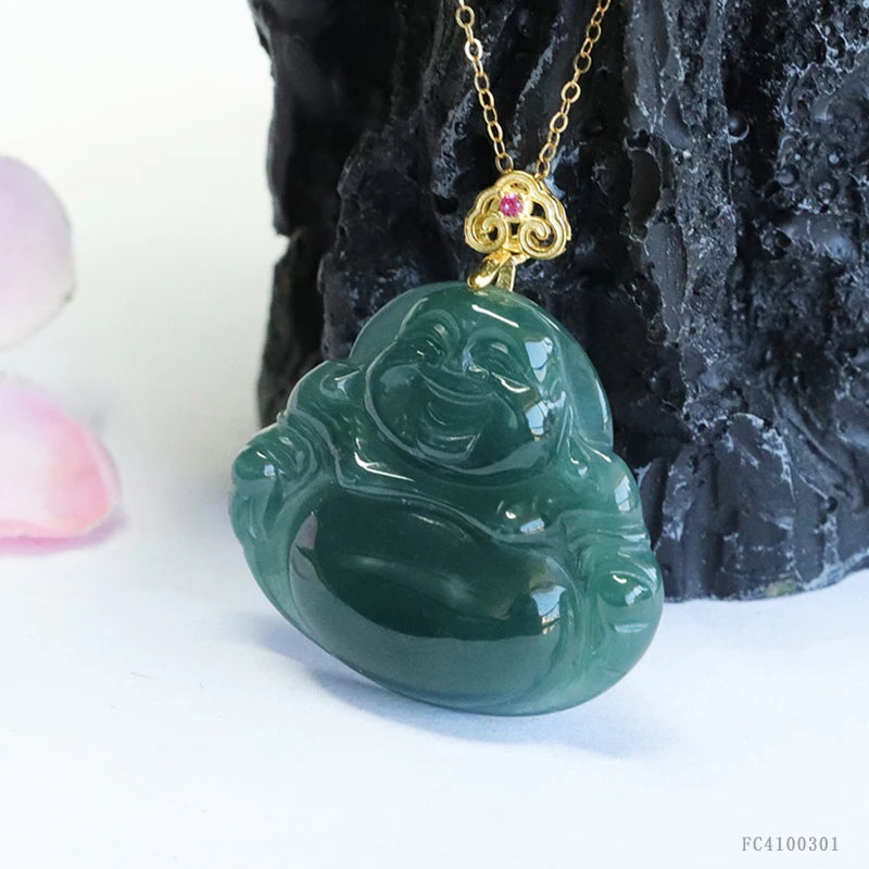 925 Sterling Silver Inlaid Natural Burmese Jadeite Hand-Carved Maitreya Buddha Pendant Choker Necklace