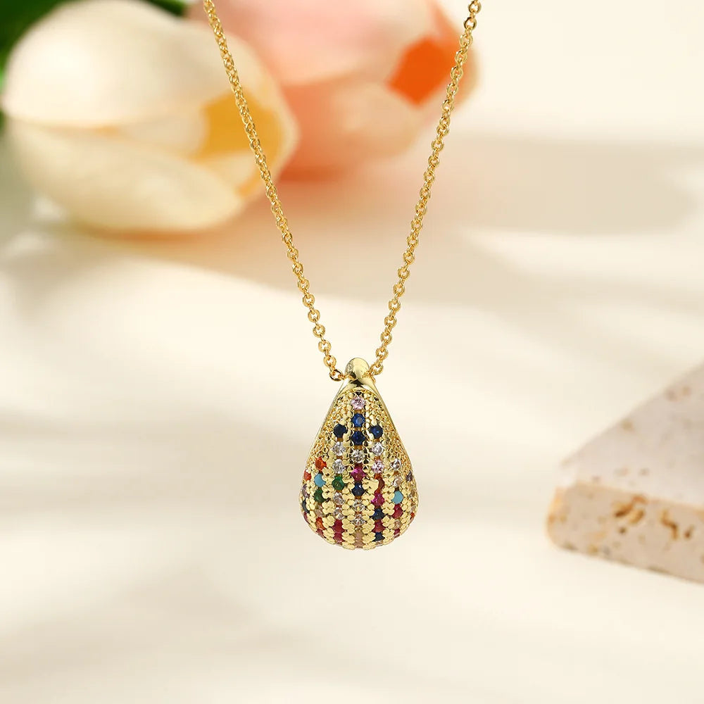 18K Gold Plated Tear Drop Pendant Necklace, Multicolor Zircon Brass Fashion Jewelry