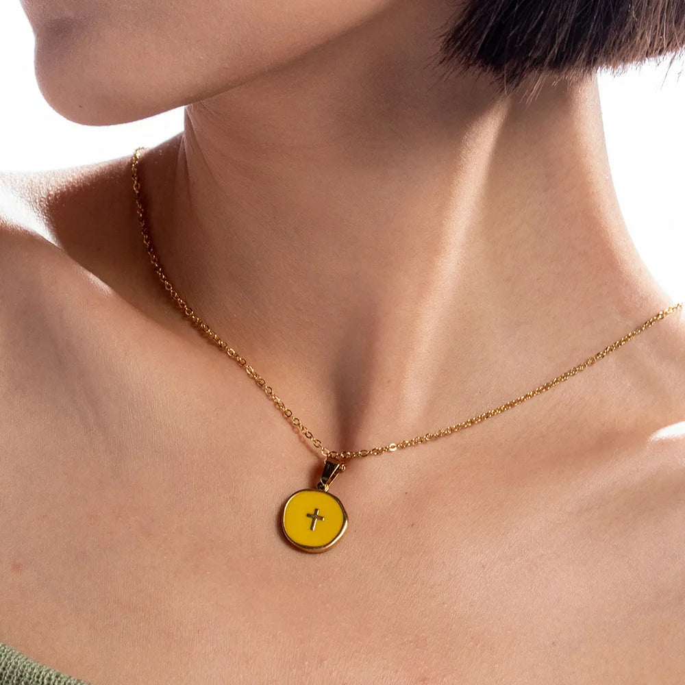 Stainless Steel Cross Oil Drop Necklace Pendant Trendy Figaro Chain Gold Plated Letter Shape Fashionable Anniversary Gift Idea