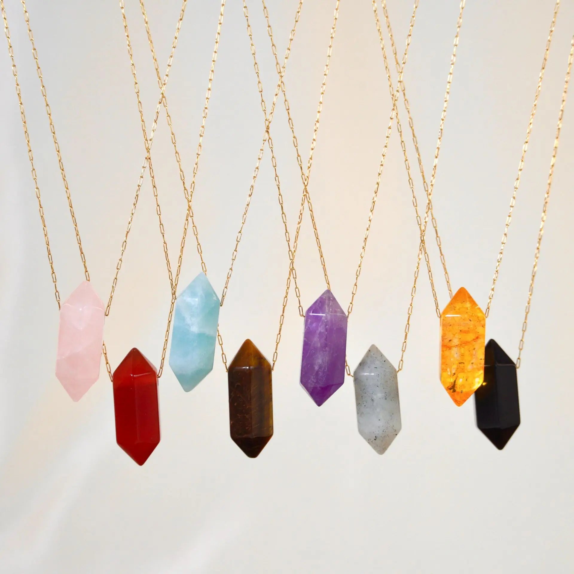 Women's Minimalist Luxury Stainless Steel Pendant Necklace Natural Stone Colored Crystal Hexagonal Prism Conical Design Link