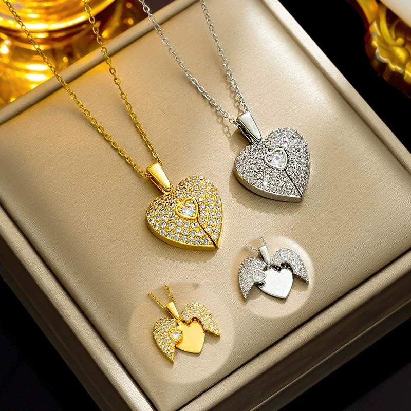 Zircon Heart & Angel Wings Pendant Necklace, Stainless Steel Polished Heart-shaped Jewelry