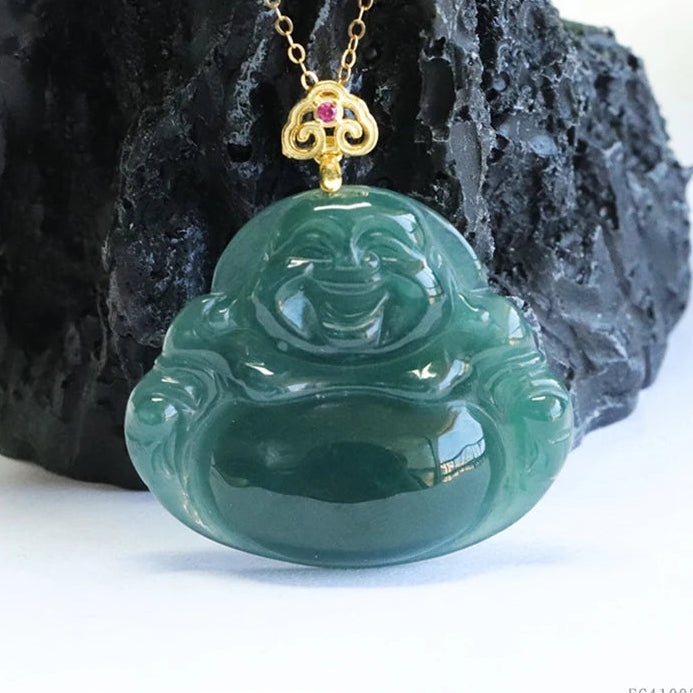 925 Sterling Silver Inlaid Natural Burmese Jadeite Hand-Carved Maitreya Buddha Pendant Choker Necklace