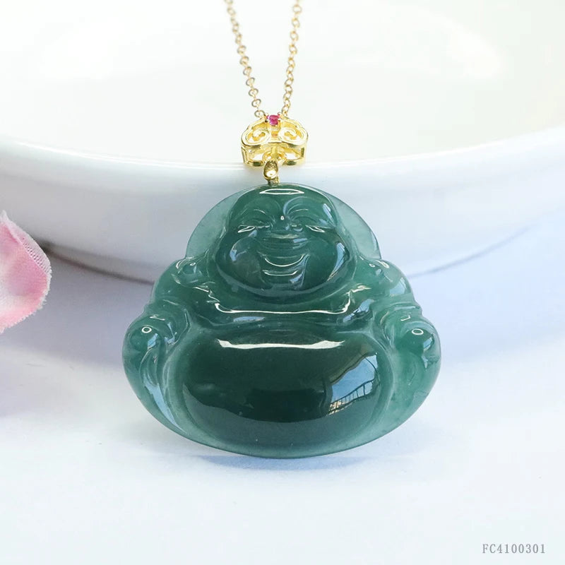 925 Sterling Silver Inlaid Natural Burmese Jadeite Hand-Carved Maitreya Buddha Pendant Choker Necklace