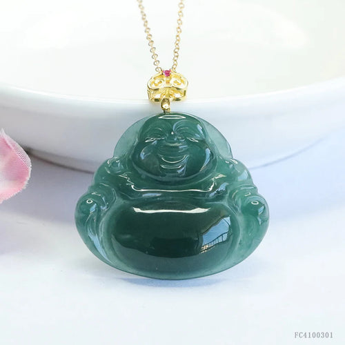 925 Sterling Silver Inlaid Natural Burmese Jadeite Hand-Carved Maitreya Buddha Pendant Choker Necklace