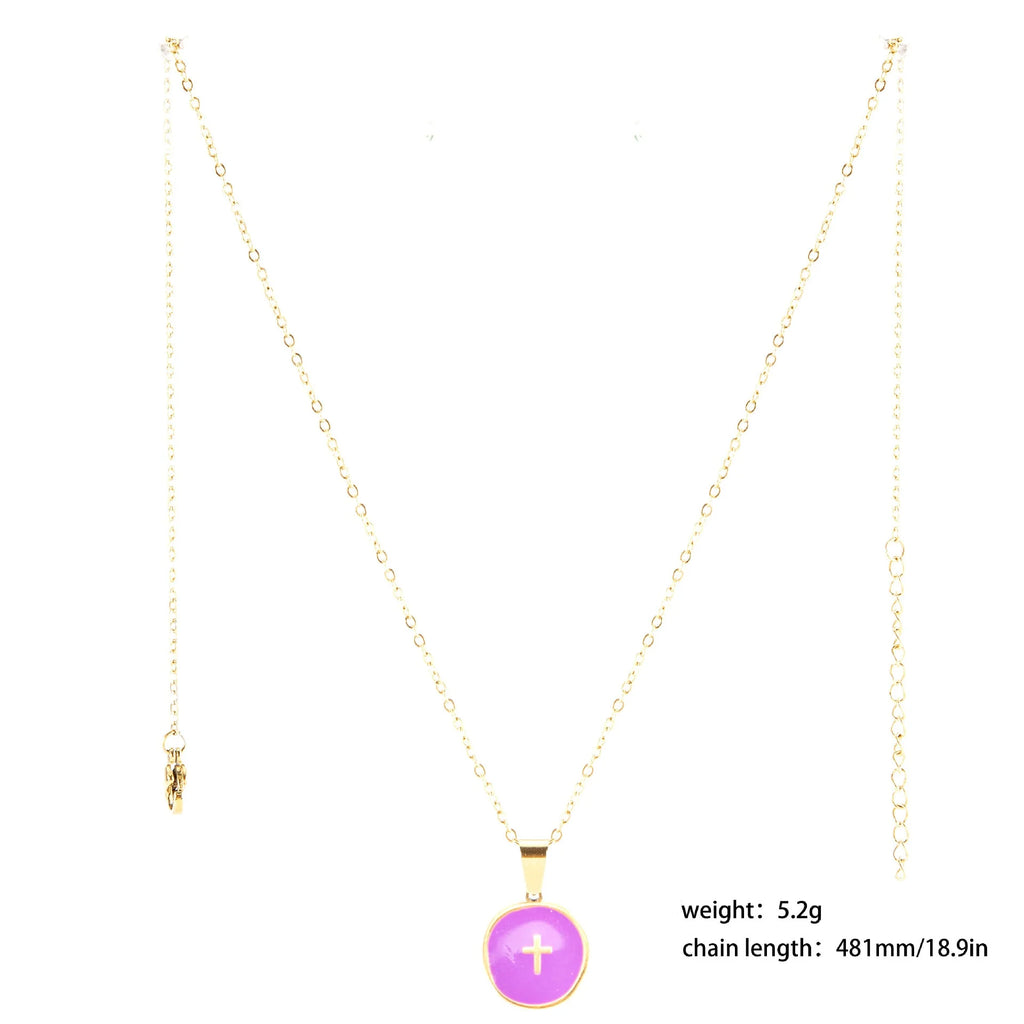 Gold Plated Stainless Steel Cross Oil Drop Pendant Necklace with Figaro Chain, Letter Design Fashion Jewelry