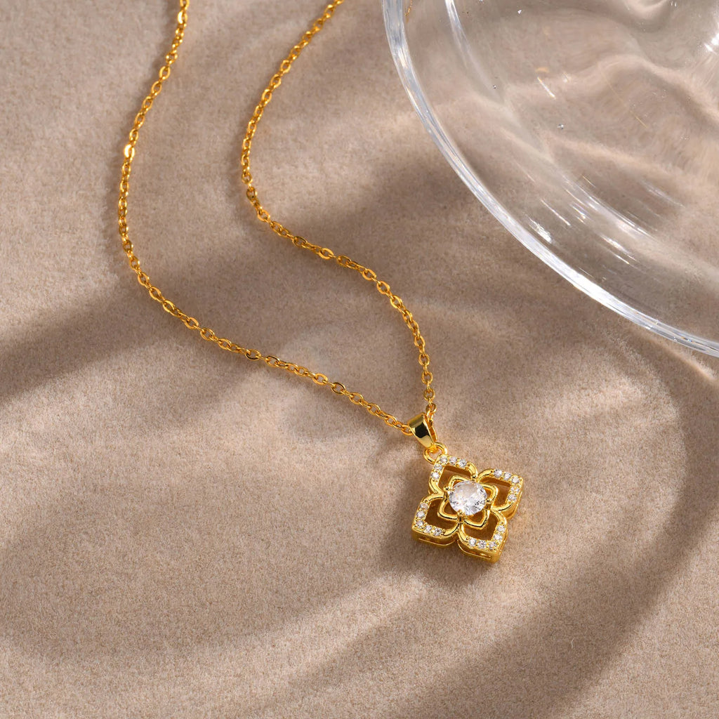 Classic Shiny Hollow Zircon Flower Pendant Necklace, Brass Gold Plated Fashion Jewelry